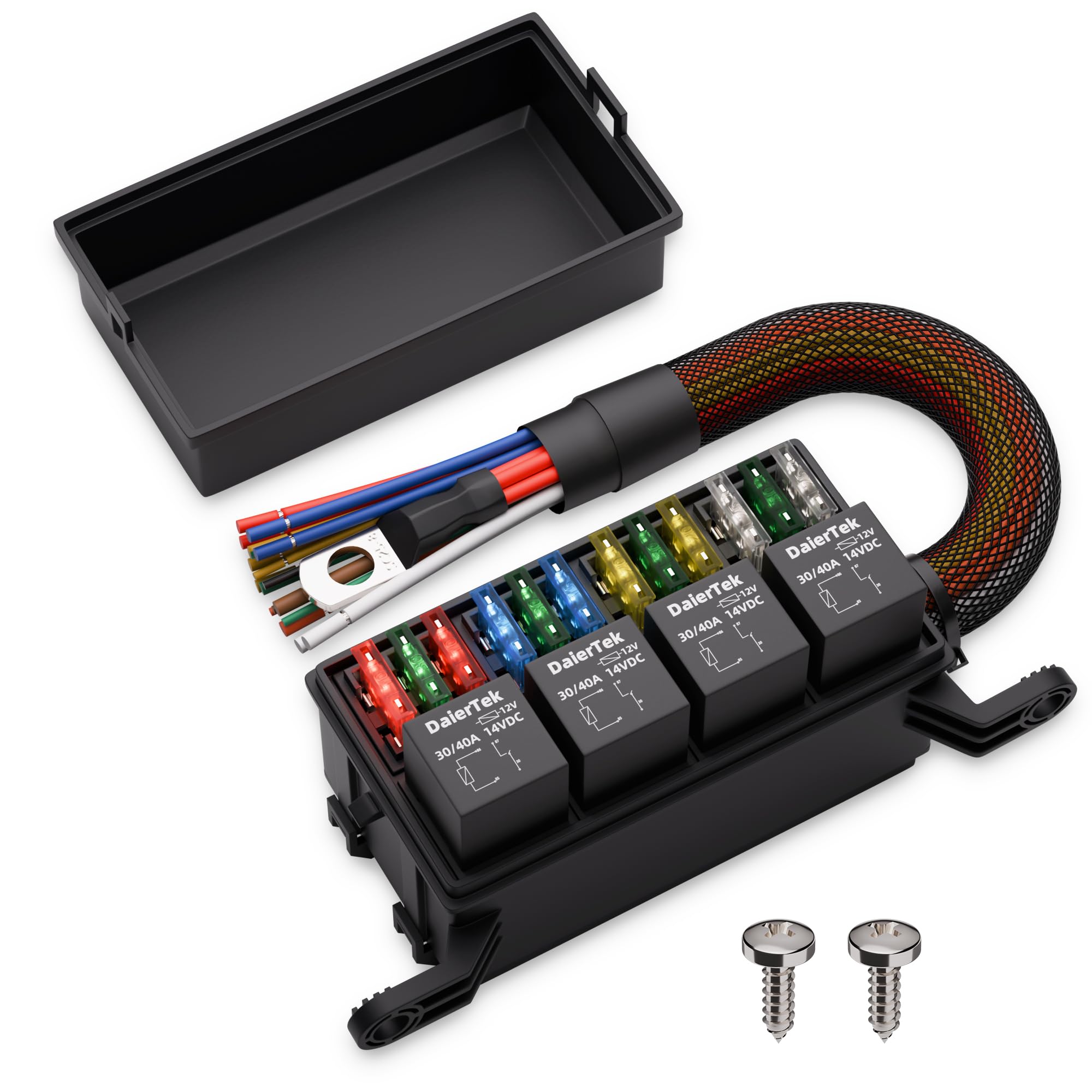 Photo 1 of DaierTek Waterproof 12v Relay Fuse Box 12 ATO/ATC Fuse and 4 Way Relay Block with Pre-Wired Harness for Marine, Automotive Car
