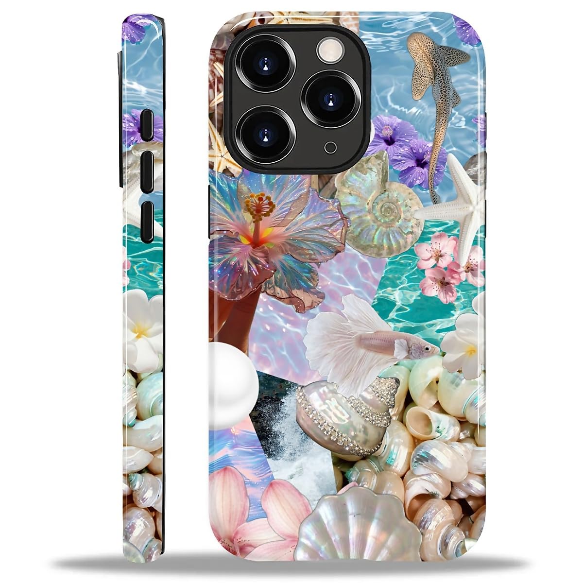 MQJCYB Case for iPhone 11 Pro Max, Hybrid Heavy Duty 2 in 1 Full Body Rugged Shockproof Protection Glossy Case for iPhone 11 Pro Max - Ocean Shells Starfish Pearl Flowers