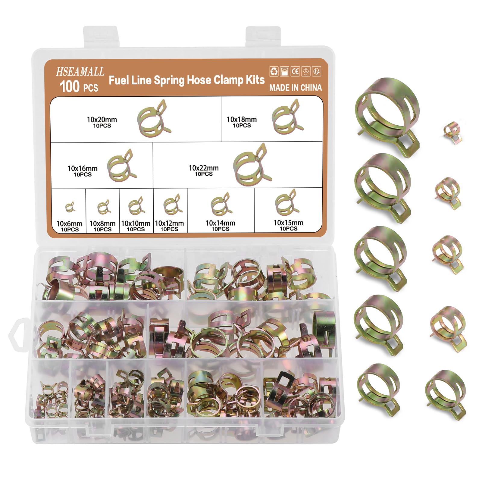 HSEAMALL 100 PCS Spring Clamps, Fuel Line Clips, Water Pipe Air Tube Silicone Vacuum Hose Clamp Fastener 6-22mm 10 Size