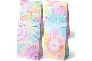 Outego Tie Dye Party Favor Bags – 24 Pcs Pastel Gift Bags with 4 Designs, Paper Goodie for Birthday Party, Hippie Theme Decorations and Supplies