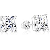 14k White Gold Solitaire Square Princess-cut CZ Stud Earrings with Secure Screw-backs
