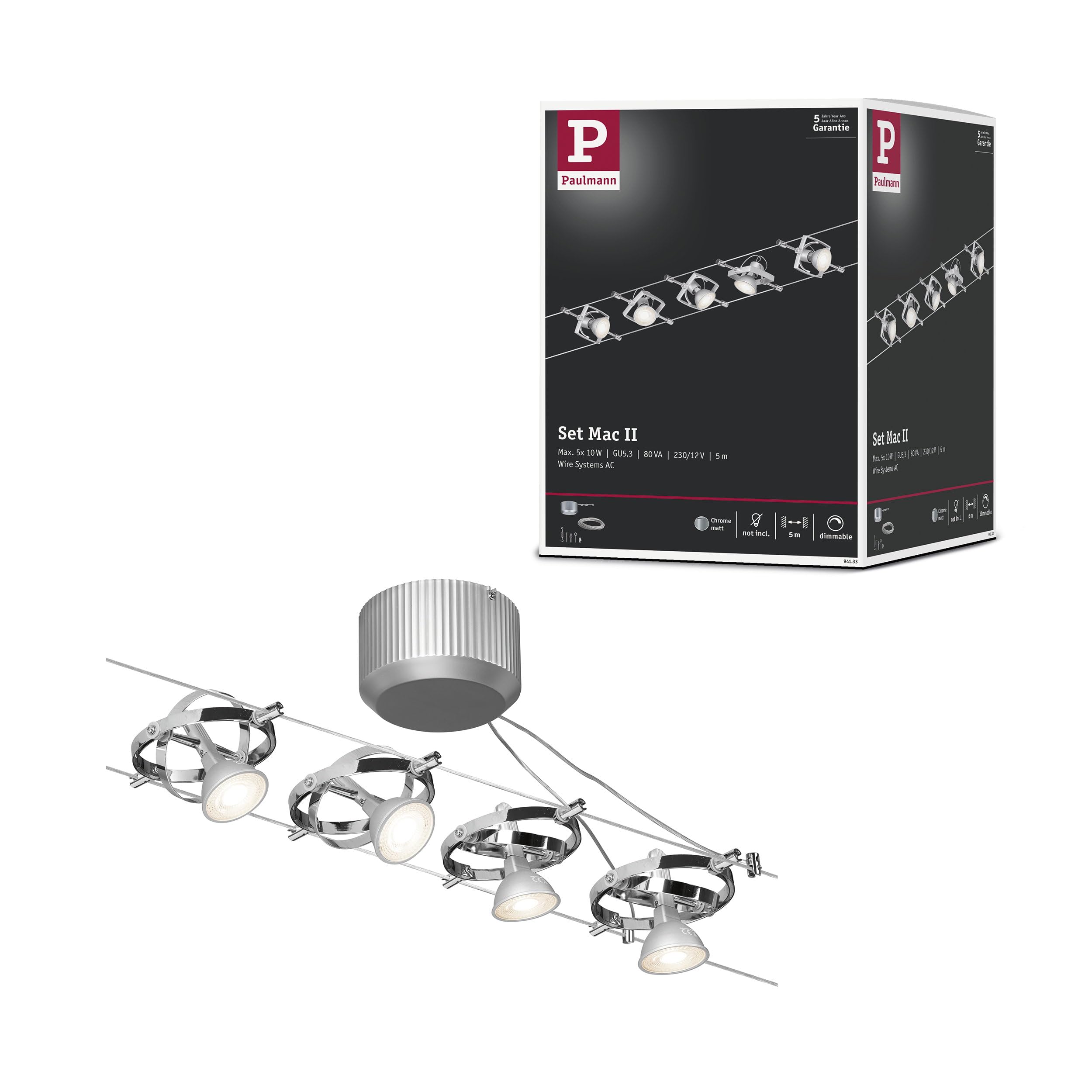 Paulmann 94133 Cable Lighting System – Mac II Set, Extendable Max 5 x 10 Watt Matt Chrome Wire Suspension Lamp Cable Lighting System Without Bulbs