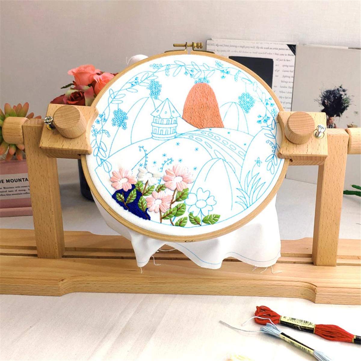 Holzsammlung Round Embroidery Hoop Stand,Adjustable Rotated Embroidery Sewing Stand,Rotated Hands-Free Embroidery Frame Lap Stand for Embroidery,Needlepoint Craft