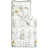 Wake In Cloud - Toddler Nap Mat with Pillow and Blanket, 100% Cotton Fabric, for Kids Girls Ages 3 Plus in Daycare Kindergarten Preschool, Sleeping Bag, Botanical Flowers