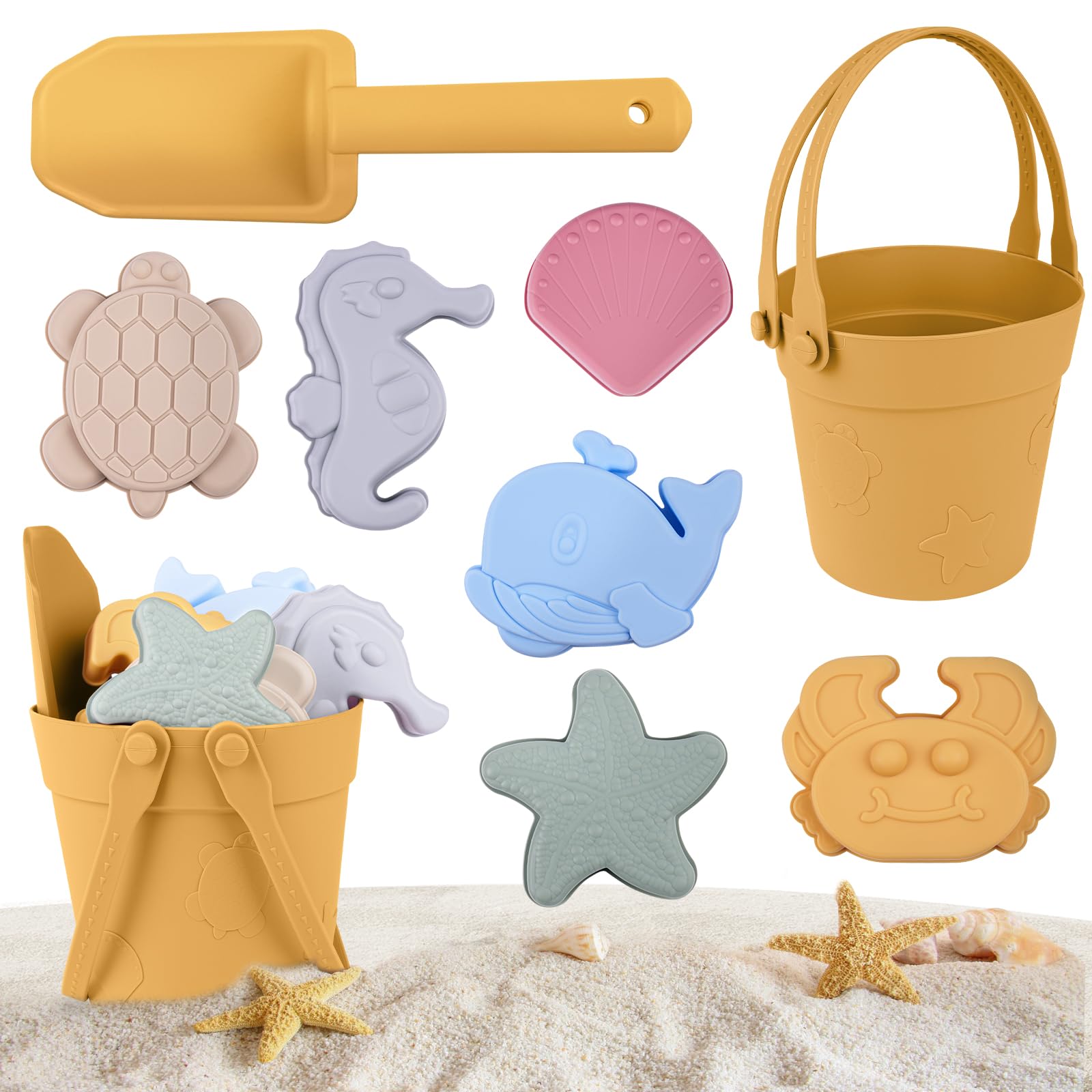 HOTUT Sand Toys for Kids, 8 Pack Silicone Sand Toy with Foldable Bucket, Shovel and Moulds, Summer Beach Toys for Kids, Beach Toy for Sandbox and Beach