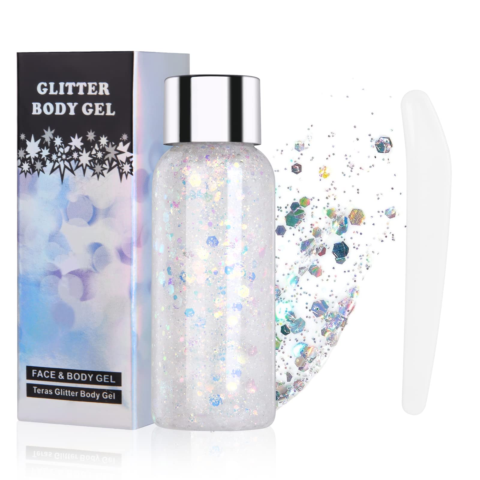 URAQT Body Glitter Gel - Holographic Mermaid Sequins Sparkling Festival Party Lotion for Face, Eye, Hair, Nail Makeup and DIY Art (White)