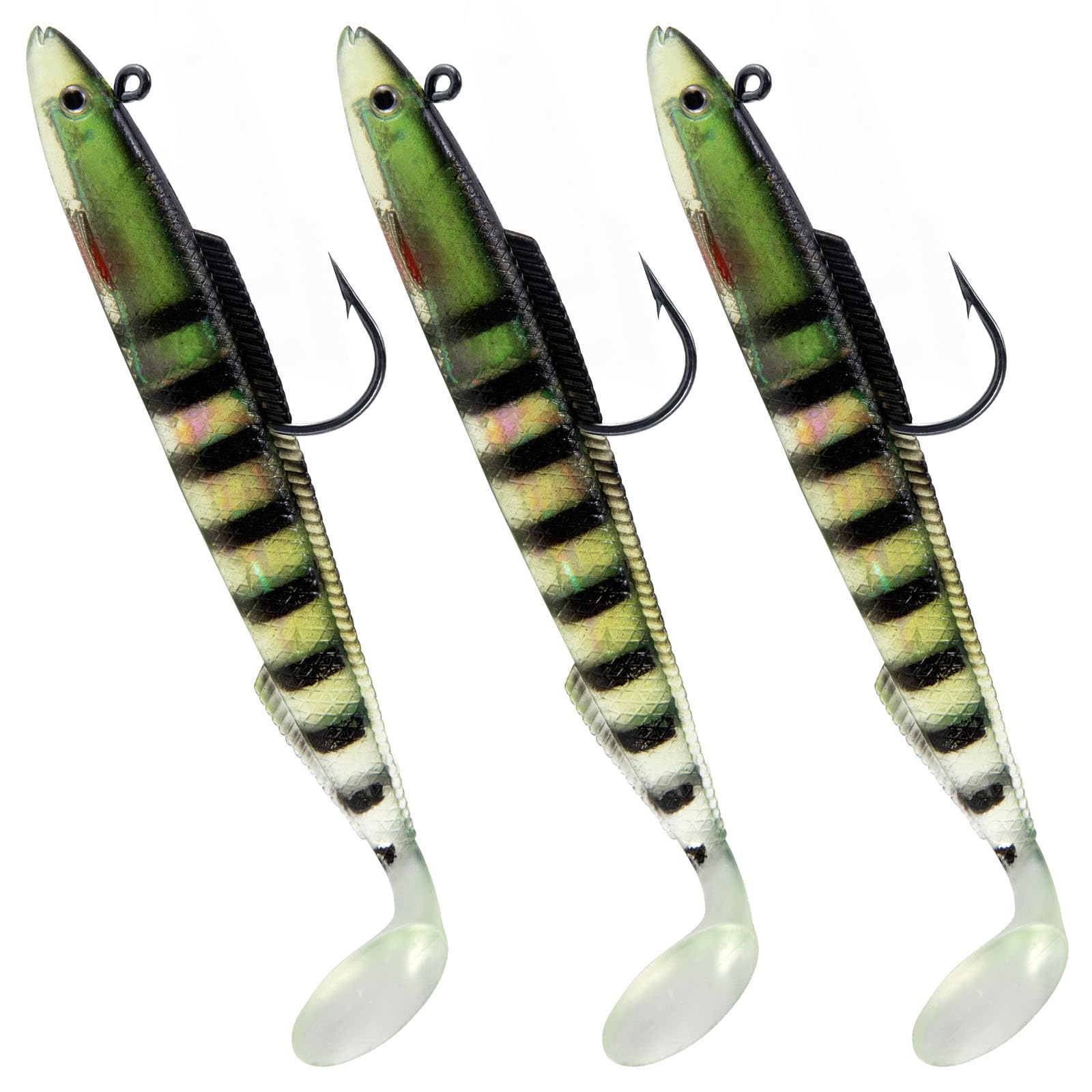 Alwonder 3pcs Sandeel Fishing Lures 15cm/30g Jig Head Soft Lure with Paddle-Tail Swimbait Pre-Rigged Fishing Lure Tackle for Predators Bass Pike Trout Perch Olive Green