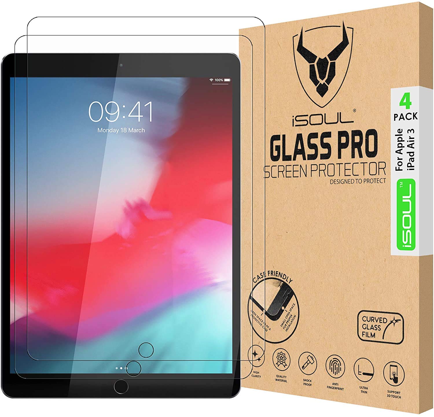 iSOUL [4 Pack Tempered Glass For Apple iPad Air 3 & iPad Pro 10.5" [Apple Pencil Compatible] [Anti-Scratch] [ Bubble-Free ] 0.28mm Screen Ptrotector