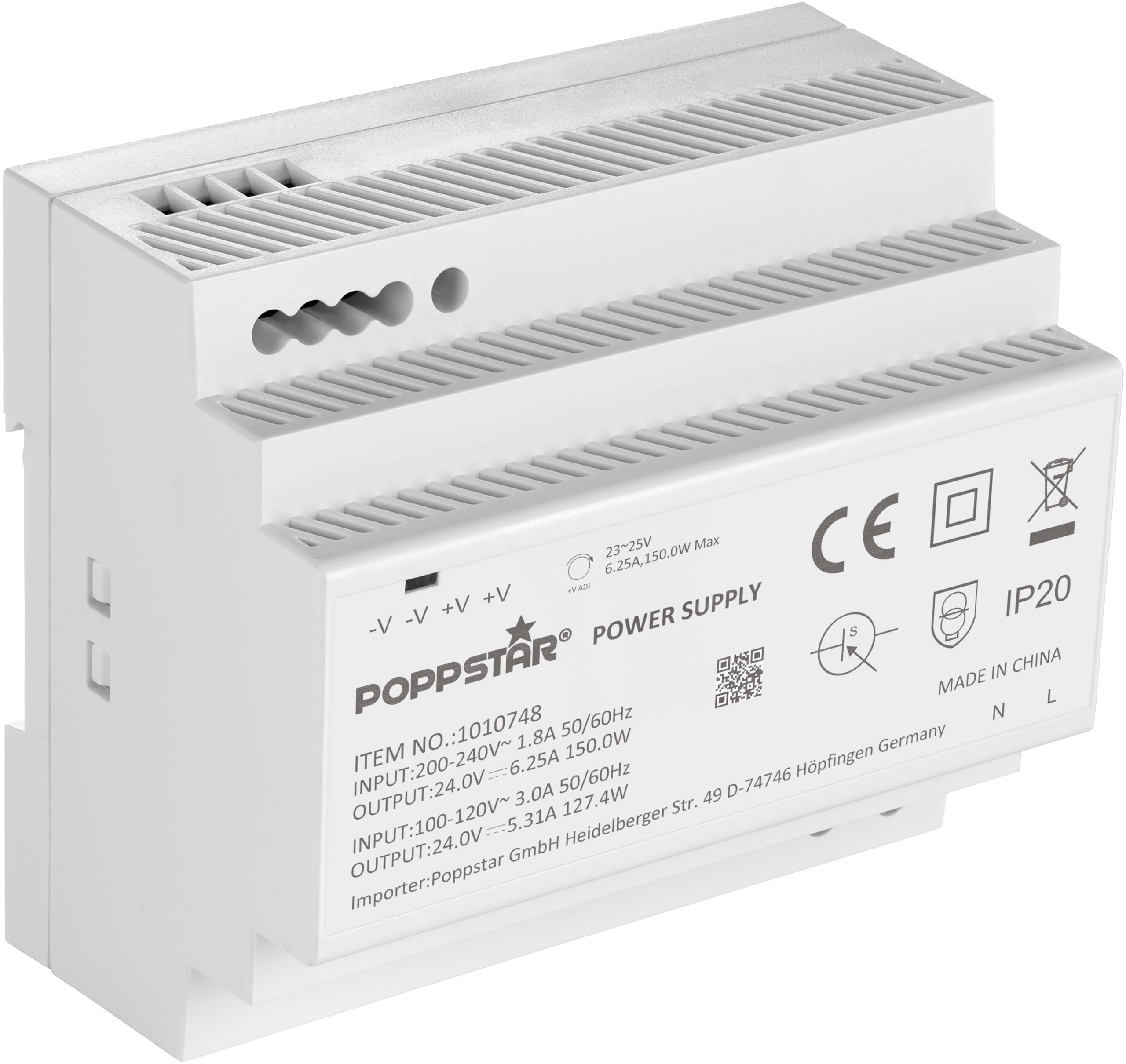 Poppstar DIN rail power supply P-150-24- 24V 150W (input 100-240 V AC 50/60 Hz, output 24 V DC 6.25 A max. 150 W)