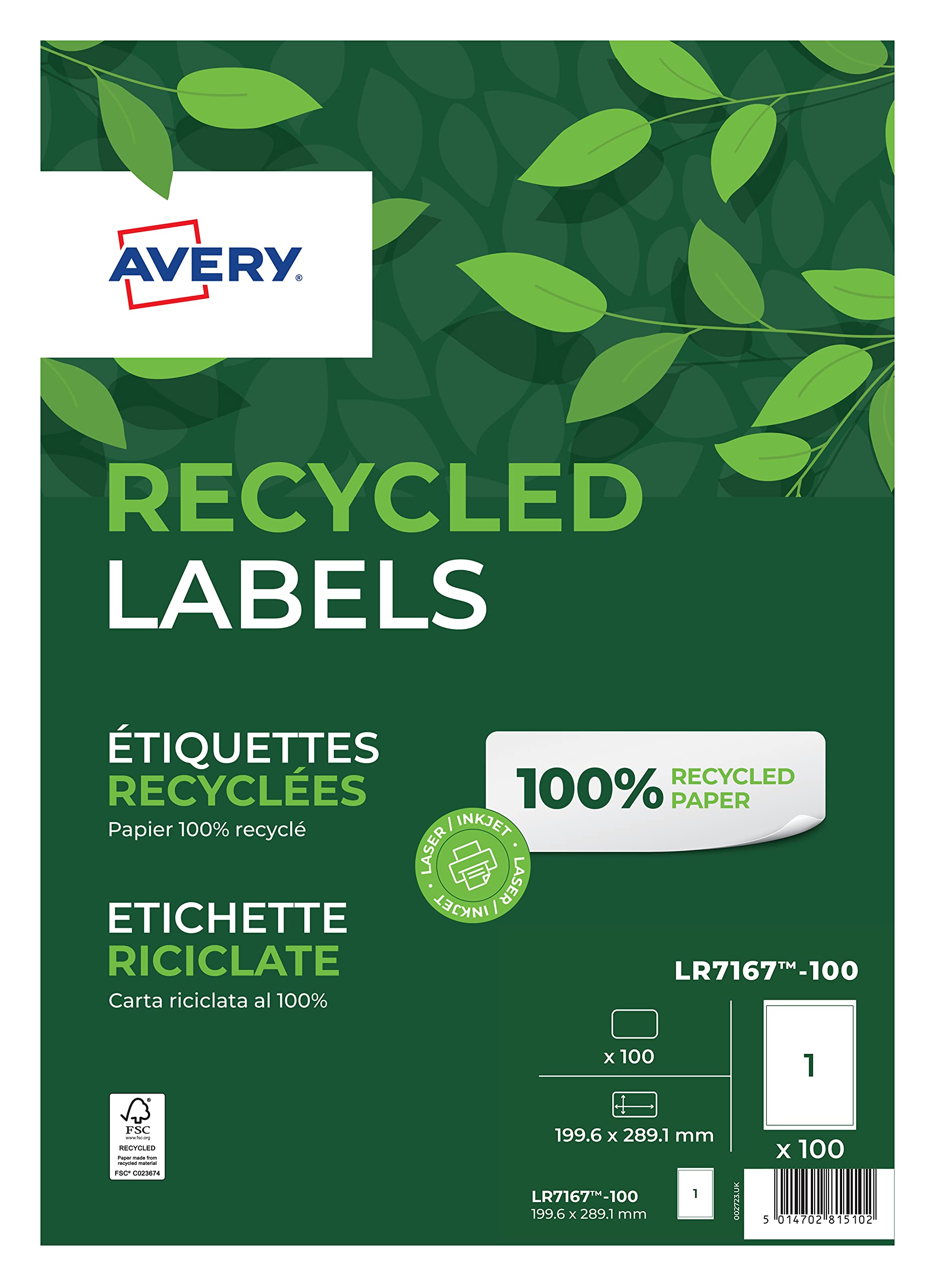 Avery Printable, Customisable Recycled Parcel Shipping Labels, Laser Printers, 1 Label Per A4 Sheet, 100 Labels, QuickPEEL (LR7167) White, 199.6 x 289.1 mm