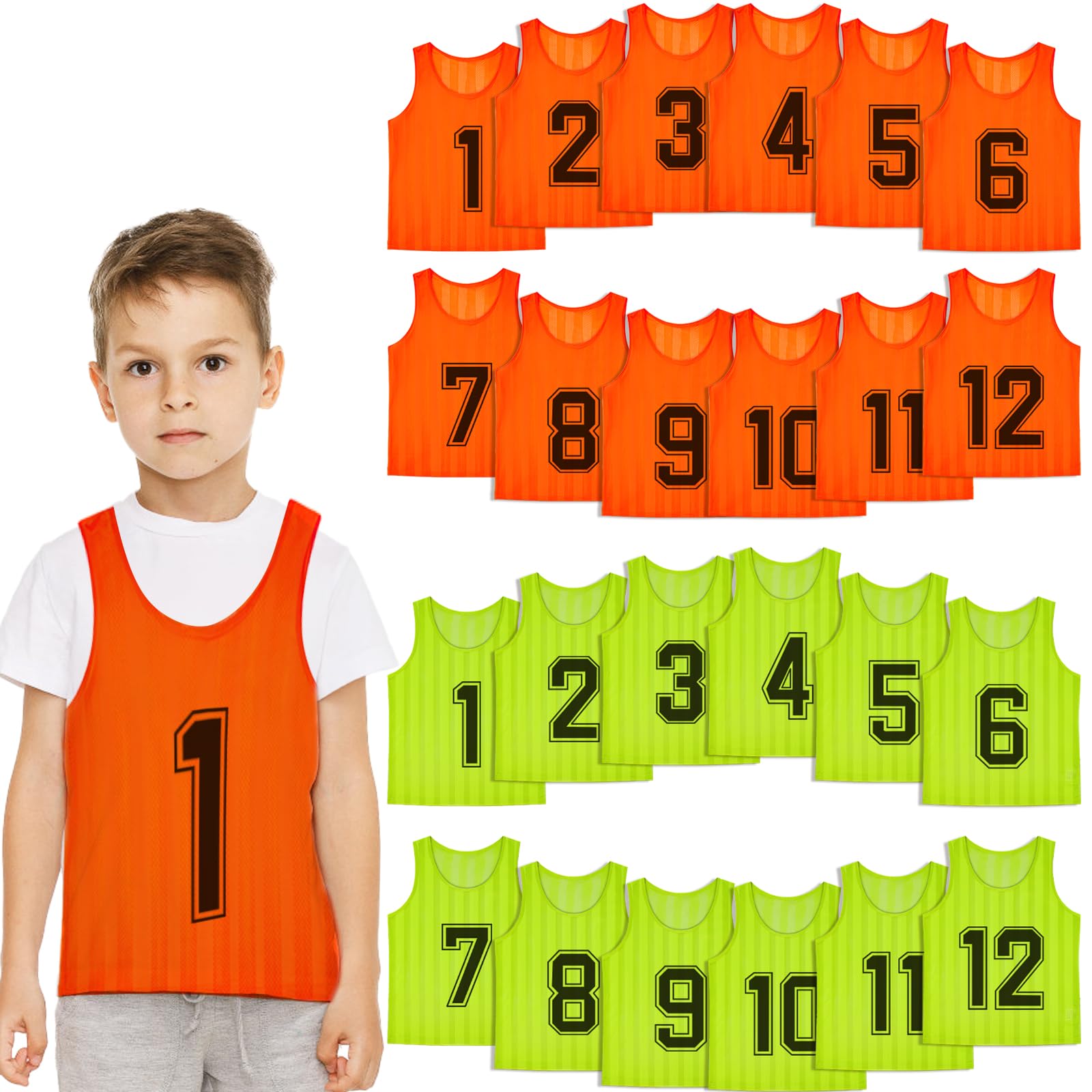 24 Pack Kids Training Mesh Bibs, Comfortable and Breathable Football Soccer Rugby Practice Jerseys for Basketball and Team Sports (Orange and Green)