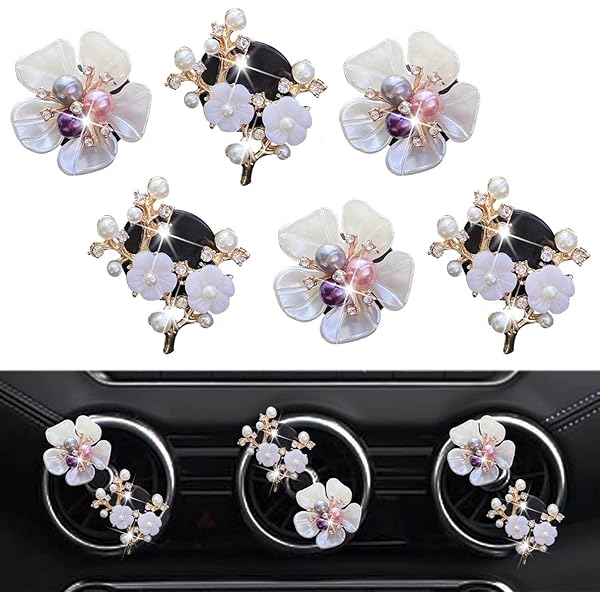 6-Piece Bling Daisy Air Vent Clips - Crystal Rhinestone Car Vent Decor With Aroma Holder