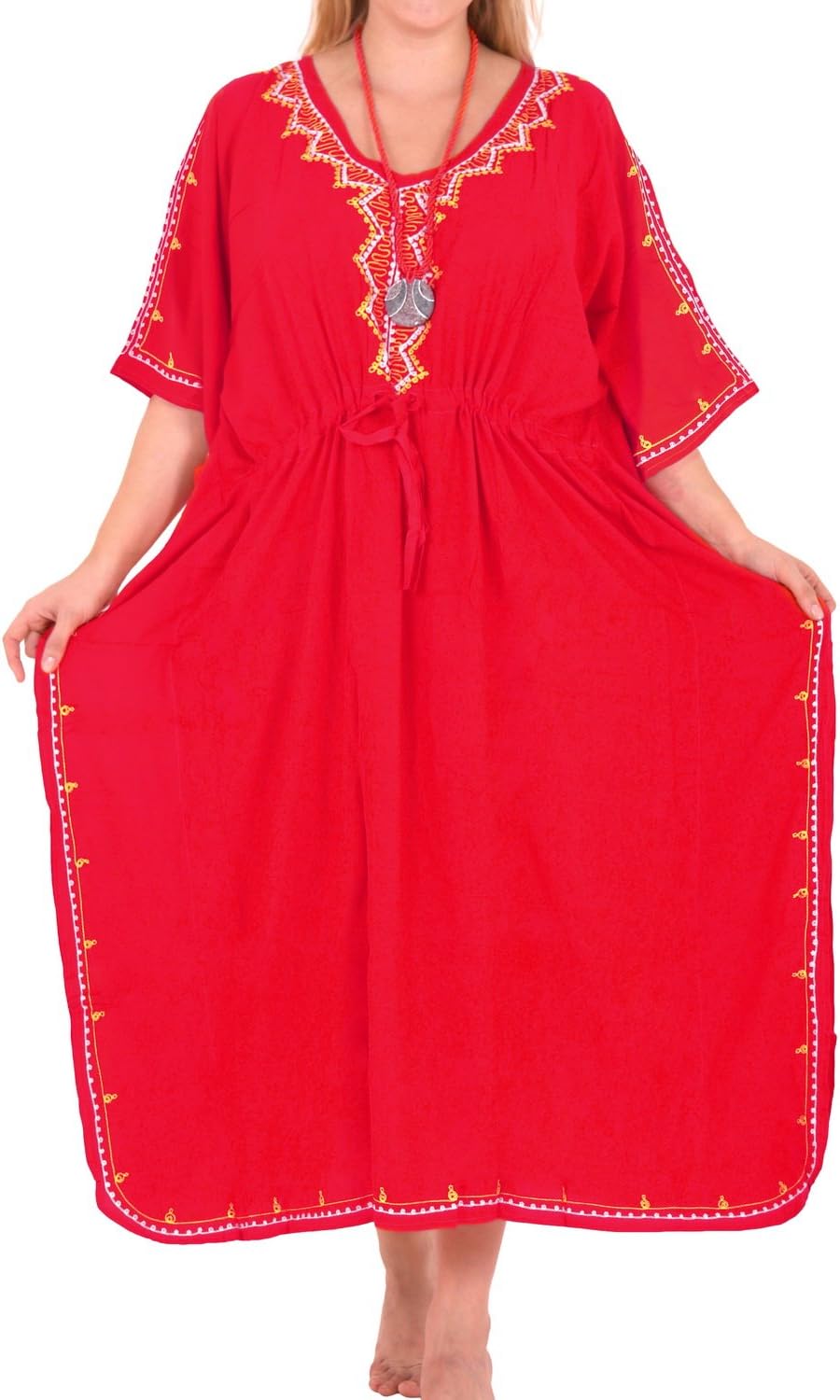 LA LEELA Boho Women Rayon Embroidered Tunic Caftan Kimono Oversized Long Maxi Loungewear Nightwear Everyday Beach Cover UP Plus Size Kaftan Blood Red_M797