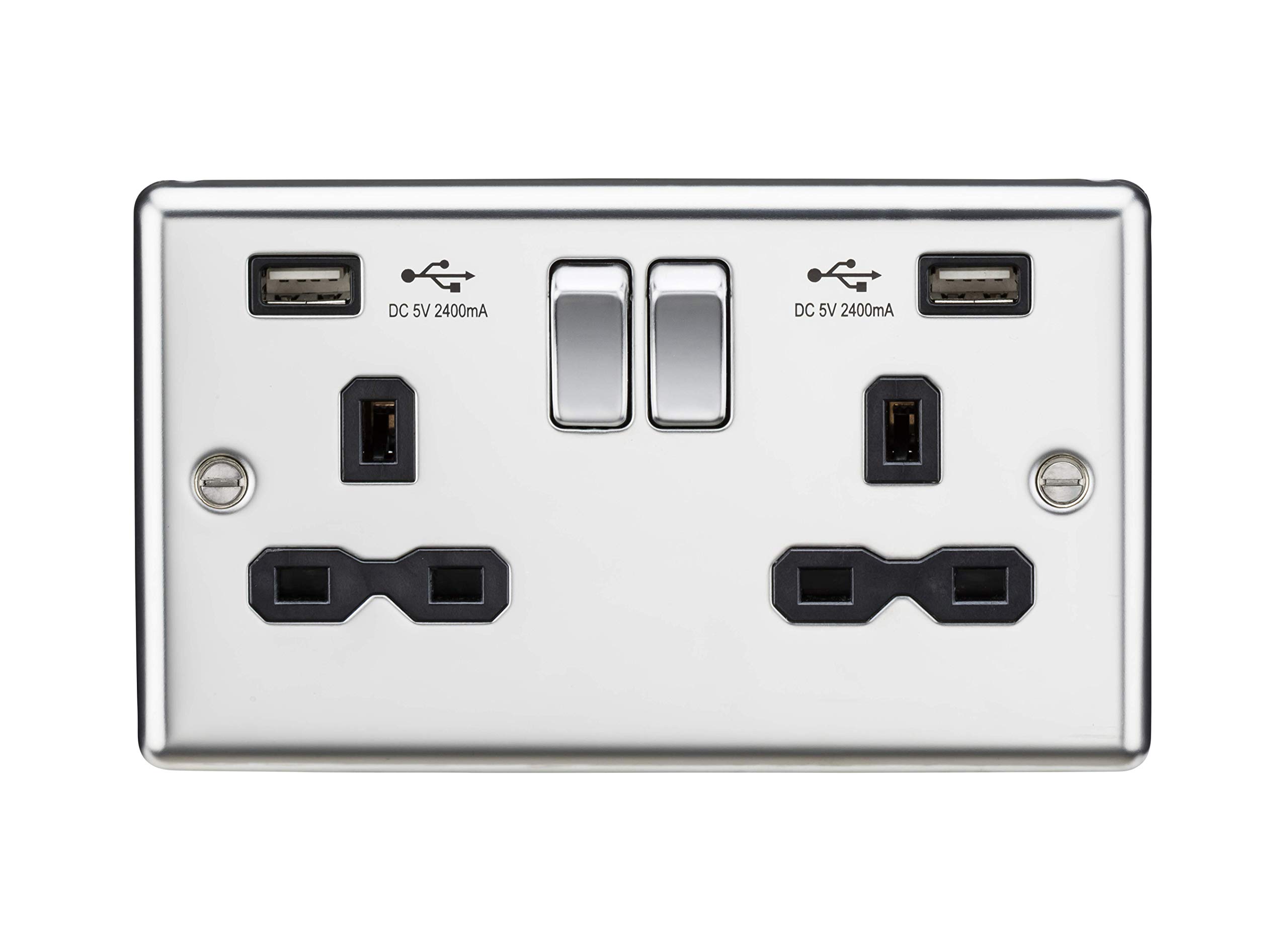Knightsbridge CL9224PC 13A 2G Switched Socket with Dual USB Charger A + A (2.4A) - Polished Chrome with Black Insert — image 1