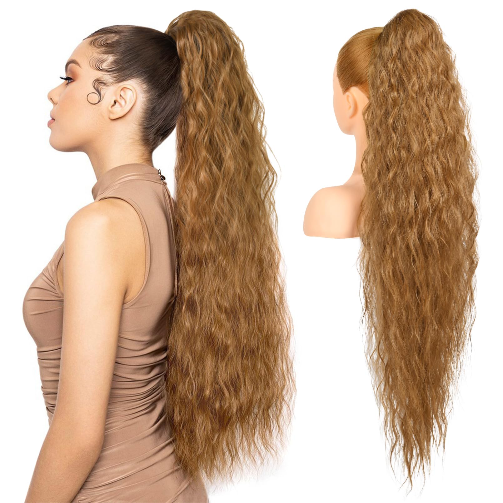 Photo 1 of LONAI Ponytail Extension, 34" Long Wavy Drawstring Ponytail Extensions, DP001 Softer Lighter 80% Japanese Import Synthetic Clip in Hair Extensions Natural Looking Hairpiece for Women-Strawberry Blonde