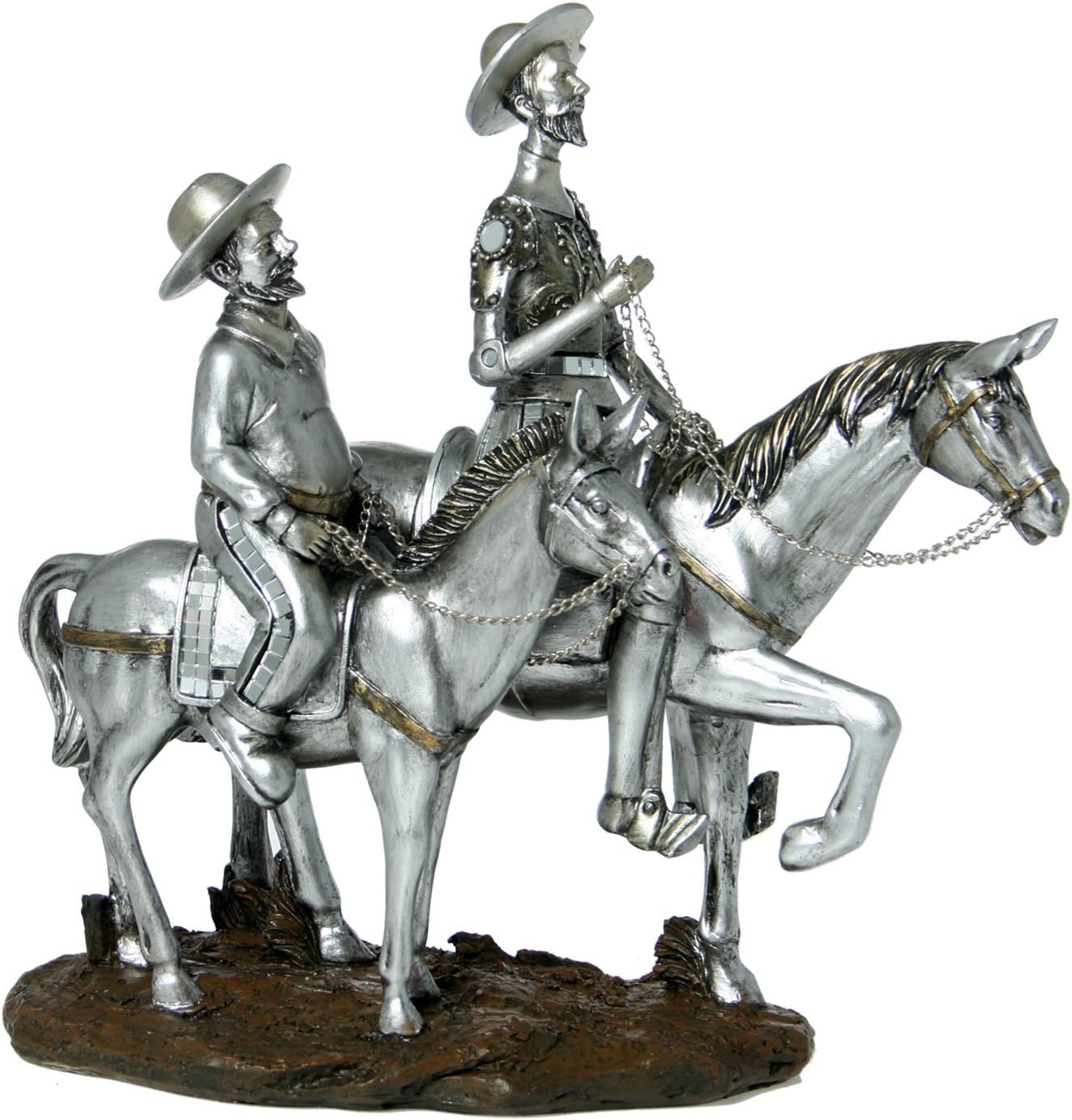 Supernova Decoracion Figurine Don Quixote and Sancho Horse Made in Resin Antique Silver Finish Measures _ 32 x 20 x 17 cm