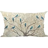 Ramirar Ink Painting Watercolor Blue Birds Brown Tree Fall Y'all Autumn Decorative Lumbar Throw Pillow Cover Case Home Living Room Bed Sofa Car Cotton Linen Rectangular 12 x 20 Inches