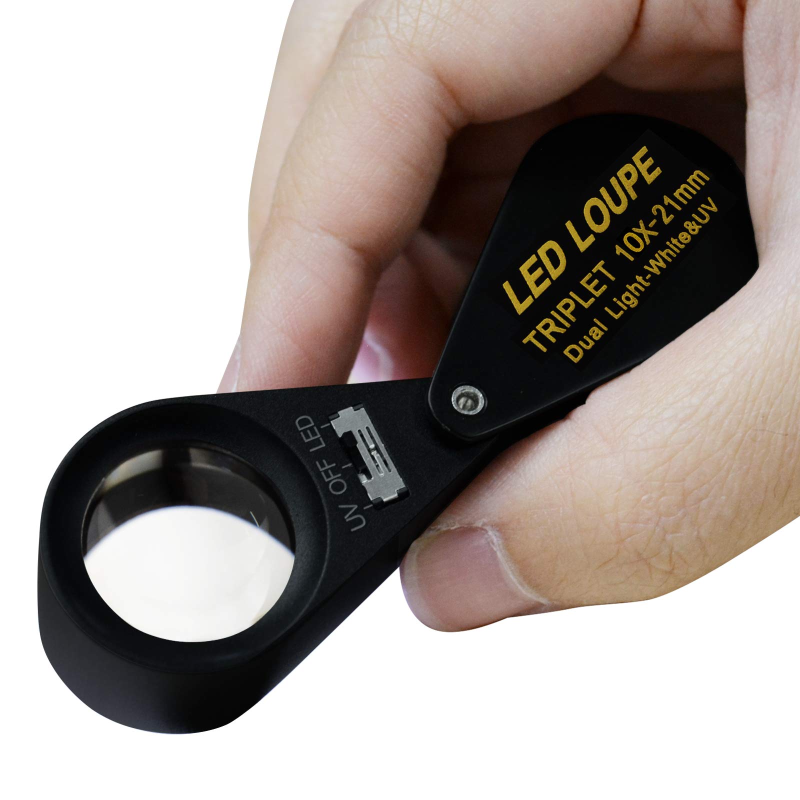 10x Magnifier Jewelry Loupe LED UV 21mm Triplet Lens Optical Glass Pocket Gem Magnifying Tool Jeweler, Stamp Philatelist, Coin Numismatic