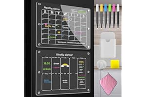 LONGRUF 2PCS Magnetic Acrylic Calendar for Fridge 15.8"x11.8" Transparent Refrigerator Monthly Calendar, Reusable Weekly Calendar Planning Board 6 Dry Erase Markers,Pen Holder,Towel,Hook,Dry Erase Board