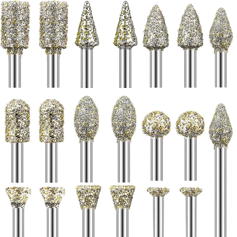 SI FANG 30Pcs Diamond Burr Mix Set Grinding Drill Bit, 1/8-inch Shank, 10 Style, 60 Grit, Rotary Tool Accessories for DIY Grinding, Polishing, Engraving