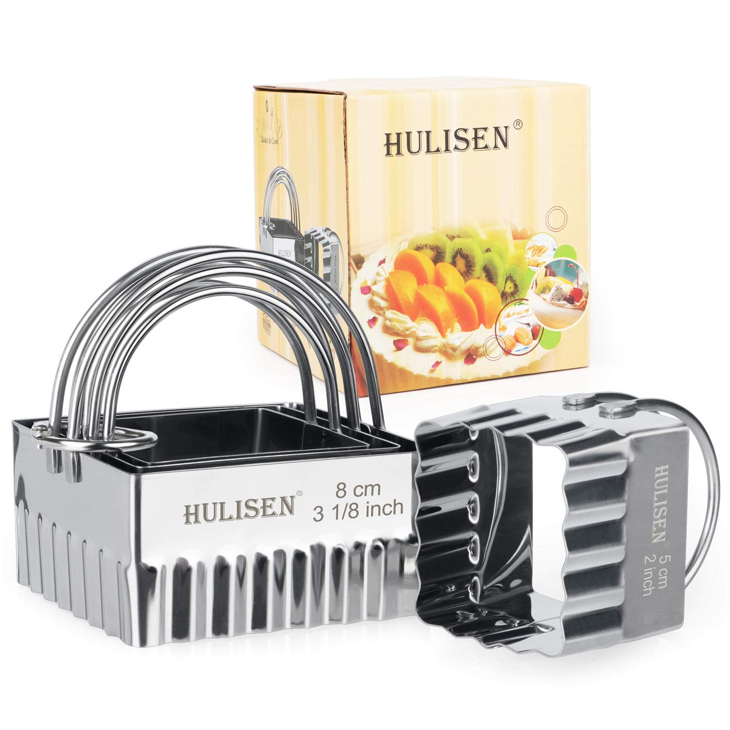 HULISEN Square Crinkle Cookie Cutter Set (4 Pieces/Set), Biscuit Cutter with Handle, Stainless Steel Scone Cutter, Professional Baking Dough Tools (Ripple Square)