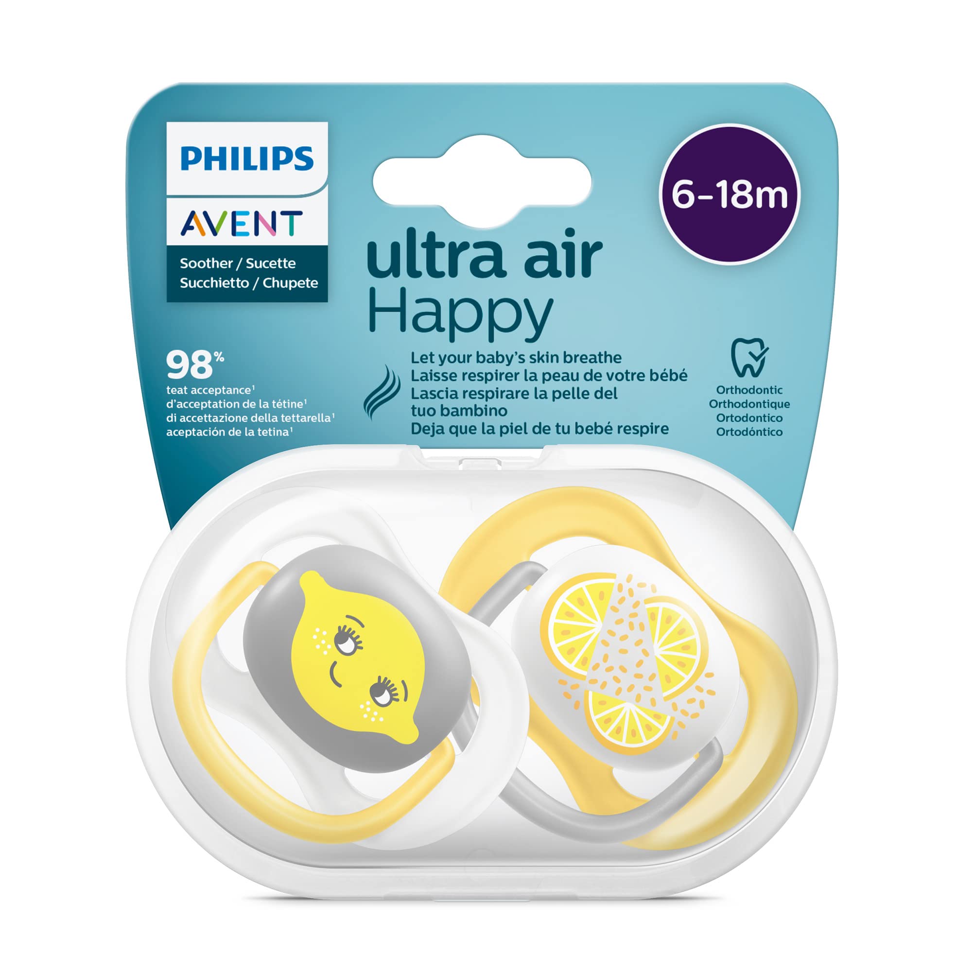 Philips Avent SCF080/18 Pack of 2 Ultra Air Pacifiers 6-18 Months Soft Nipple - Lemon and Orange Pattern