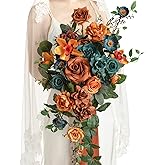 Ling's moment Teal Bridal Bouquet Cascading, Burnt Orange Wedding Bouquets for Bride, 13 Inch Terracotta Rust Fall Artificial Wedding Flower Bouquet