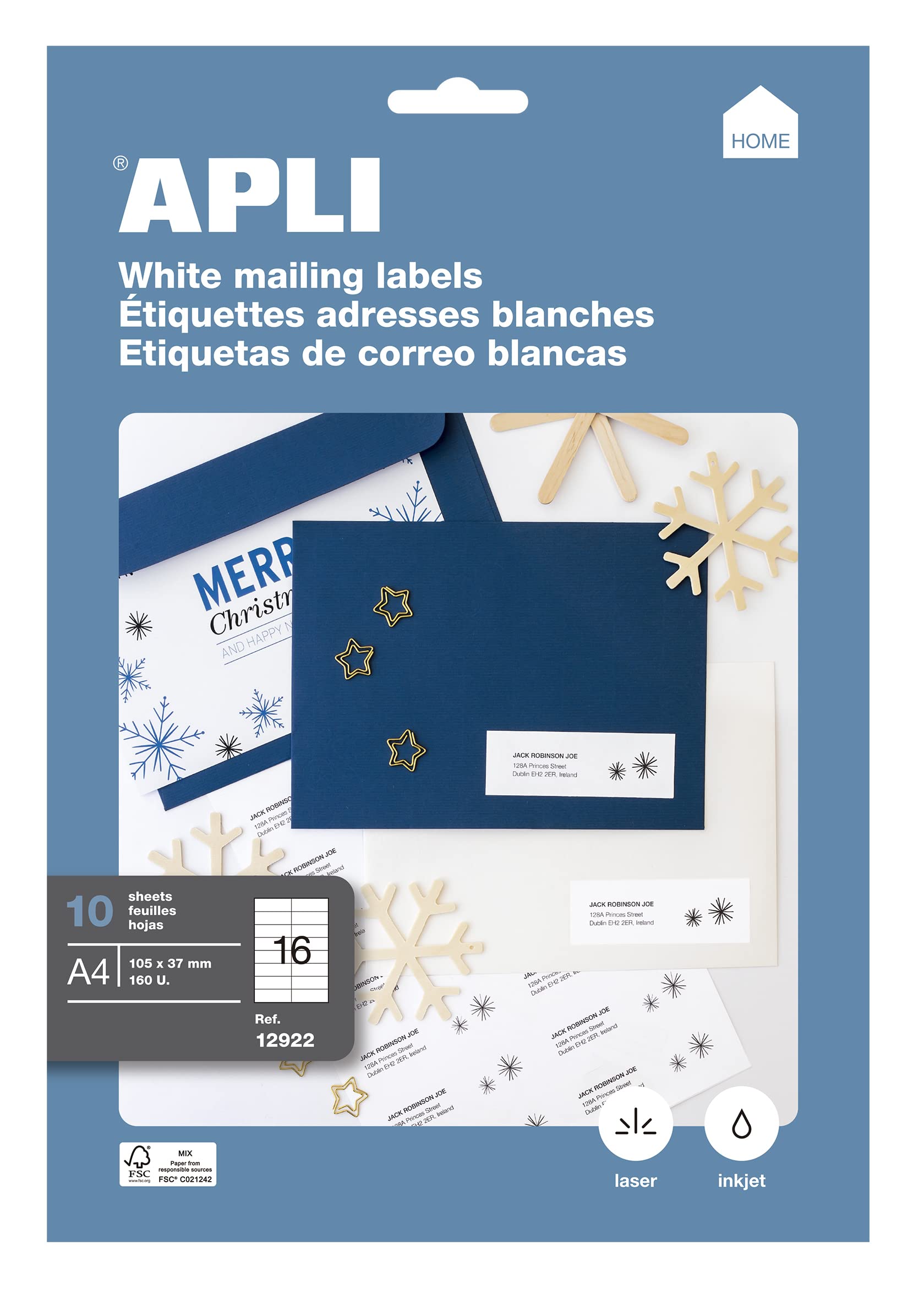 APLI Inkjet-Laser-Copy 12922 10 Sheets A4 (160 Labels) White Permanent Adhesive Printable 105 x 37 mm for Envelopes and Packages