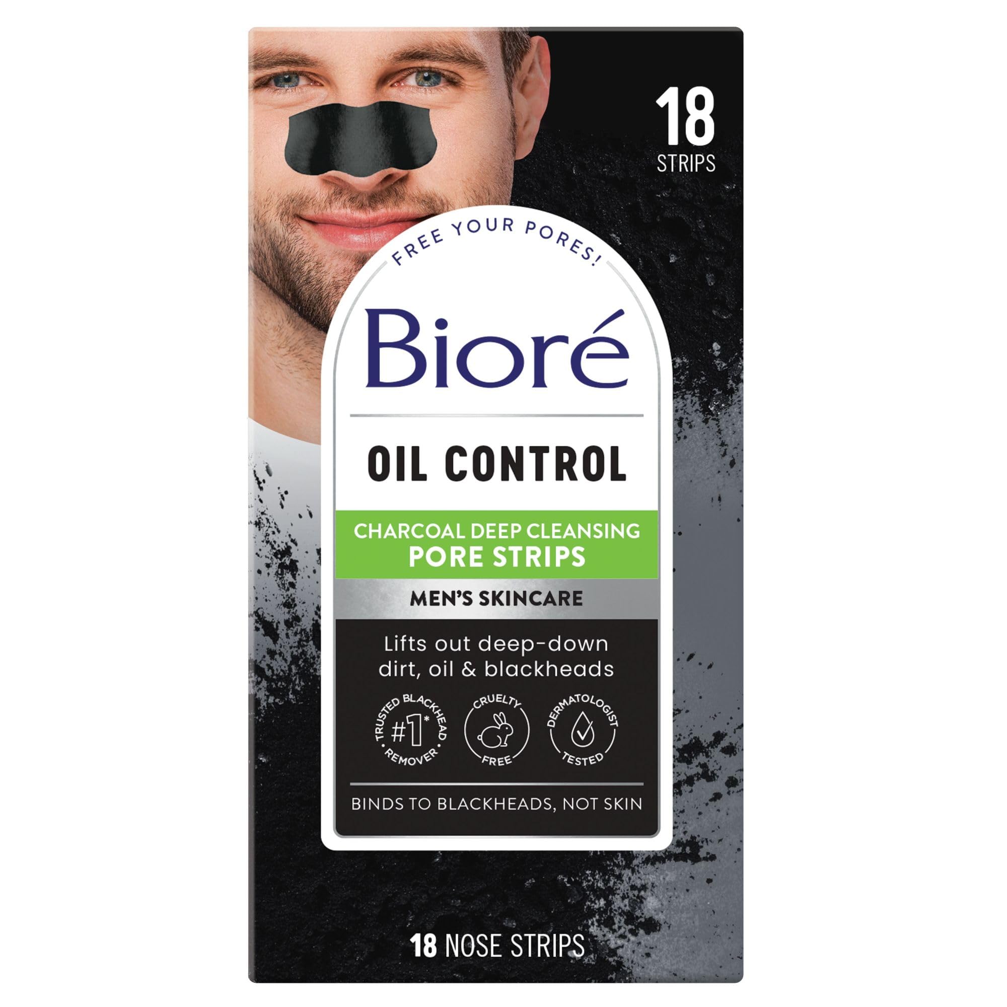 Photo 1 of Bioré Men's Oil Control Charcoal Deep Cleansing Pore Strips, Blackhead Strips With Charcoal for Men, Blackhead Remover Strips For All Skin Types, Pore Strips for Blackheads, 18 Count