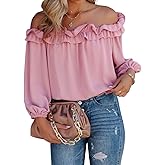 evnanic Womens Casual Off Shoulder Tops Long Sleeve Ruffle Flowy Chiffon Blouses Shirts