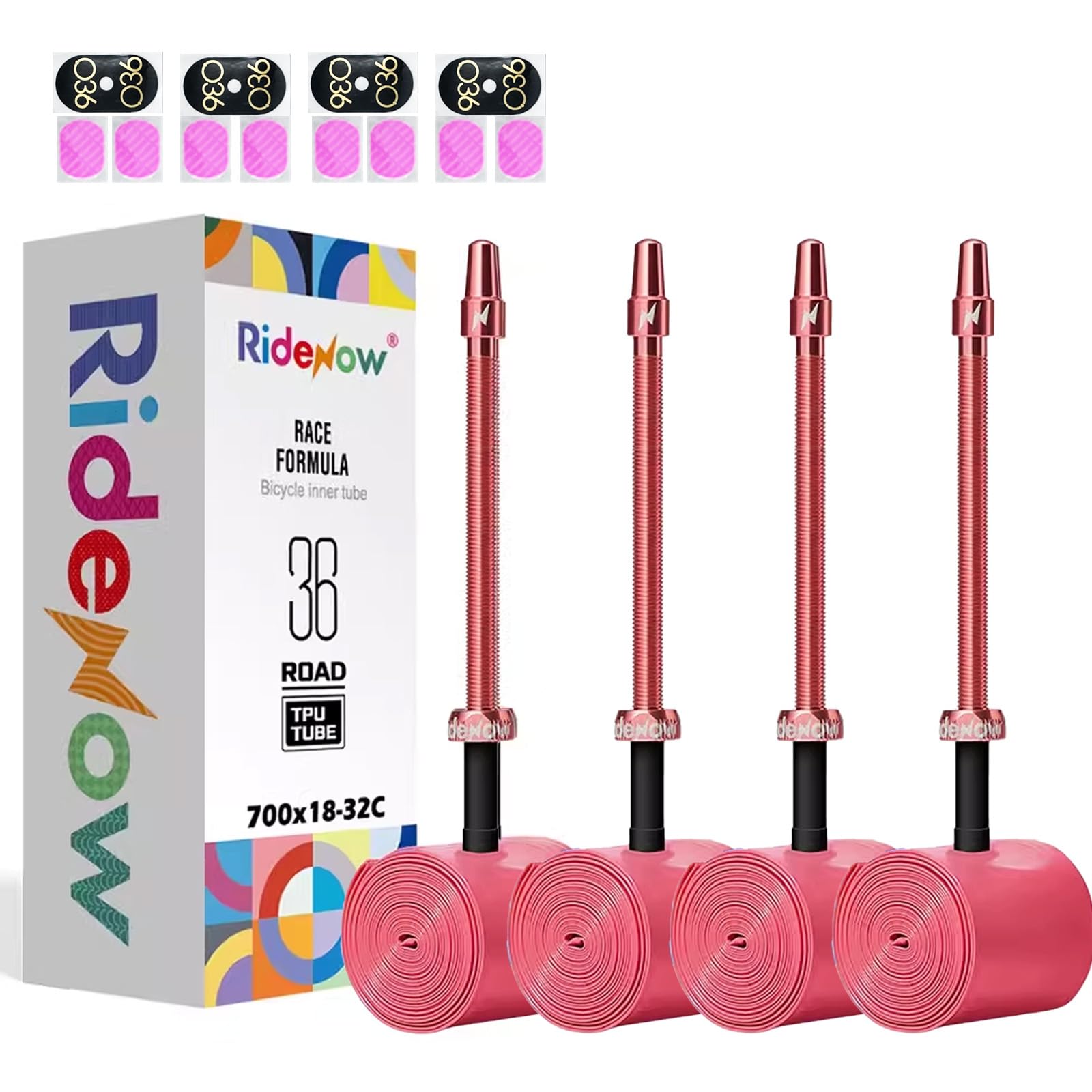 Photo 1 of 4 Pack RideNow TPU Inner Tubes 700C x 18-32C with 45mm/65mm/85mm Metal Presta Valve, Removable Valve Cores for All Road Bike (Include Bike Tube Patch Repair Kit)