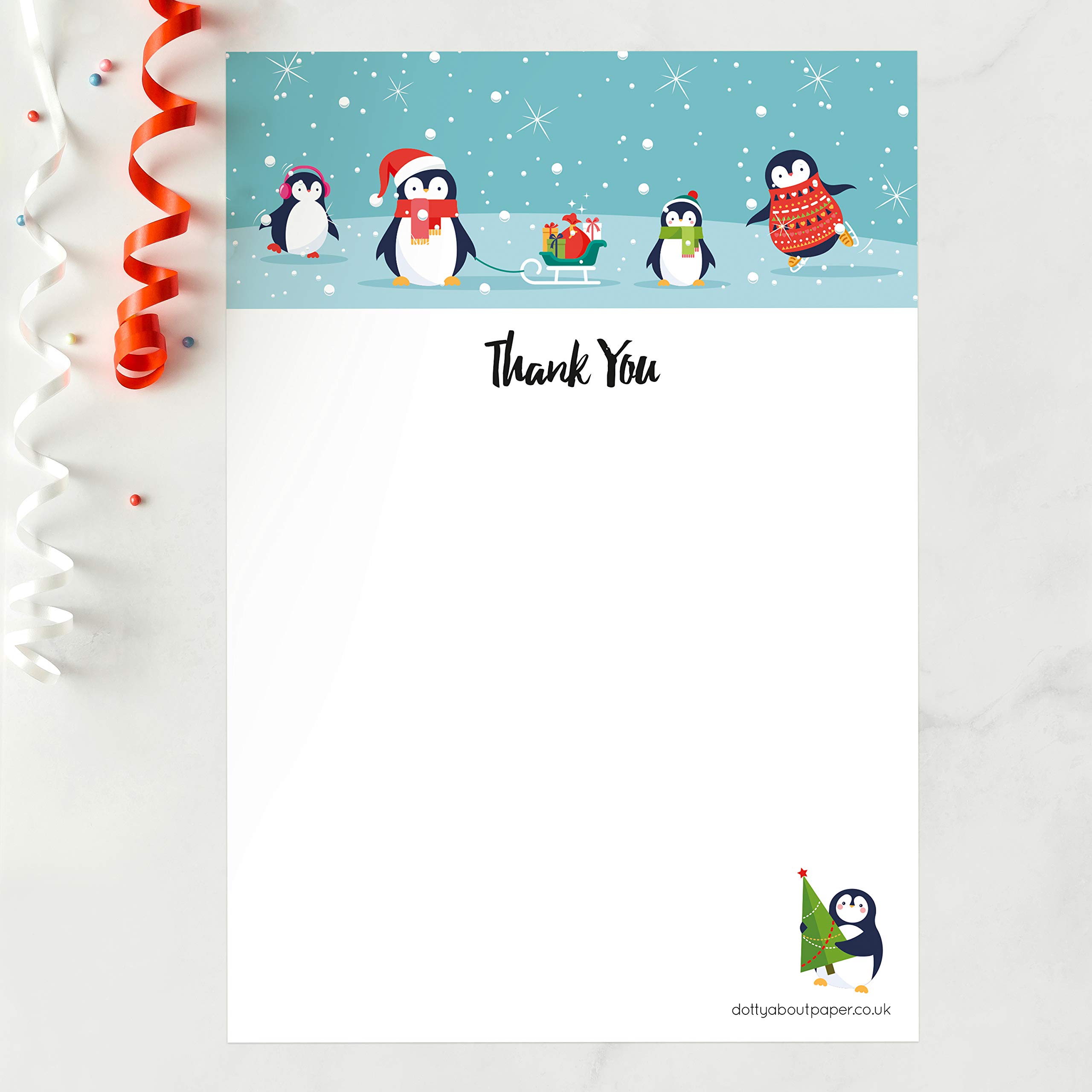 Penguin Fun - Christmas Thank You Note Sheets & Envelopes - Pack of 20. Friends Family Mum Dad Kids Sister Brother Cards Xmas Gift Present. Made in UK (103A)