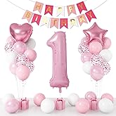 1st Birthday Decoration for Girls, Pink White Confetti 1st Birthday Balloon with 40 Inch Number 1 Pink Balloon Star Heart Balloons and Happy Birthday Banner for Baby 1 Year Old Birthday Party Decor