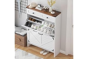 jmhdyg Deodorizing Shoe Cabinet with 2 Flip Drawers and 2 Storage Drawers, Narrow Shoe Organizer for Entryway, Freestanding Hidden Shoe Rack Cabinet for Front Door Entrance, White