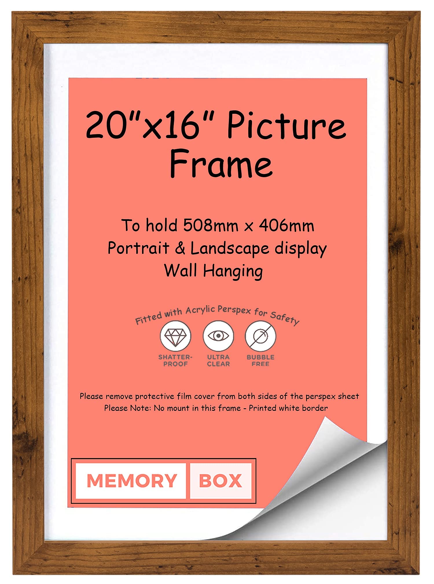 Memory Box Wrapped MDF Picture/Photo/Poster frame with Perspex Sheet - Moulding 20mm Wide and 15mm Deep - (50.8 x 40.6cm) Rustic 20" x 16"