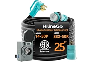 HILINEGO 50 Amp Generator Cord 25FT and Power Inlet Box, 125V/250V RV Power Cord, NEMA 14-50P/SS2-50R Twist Lock Connector, NEMA SS2-50P Generator Inlet Box, 30M/50F Adapter Included, ETL Listed