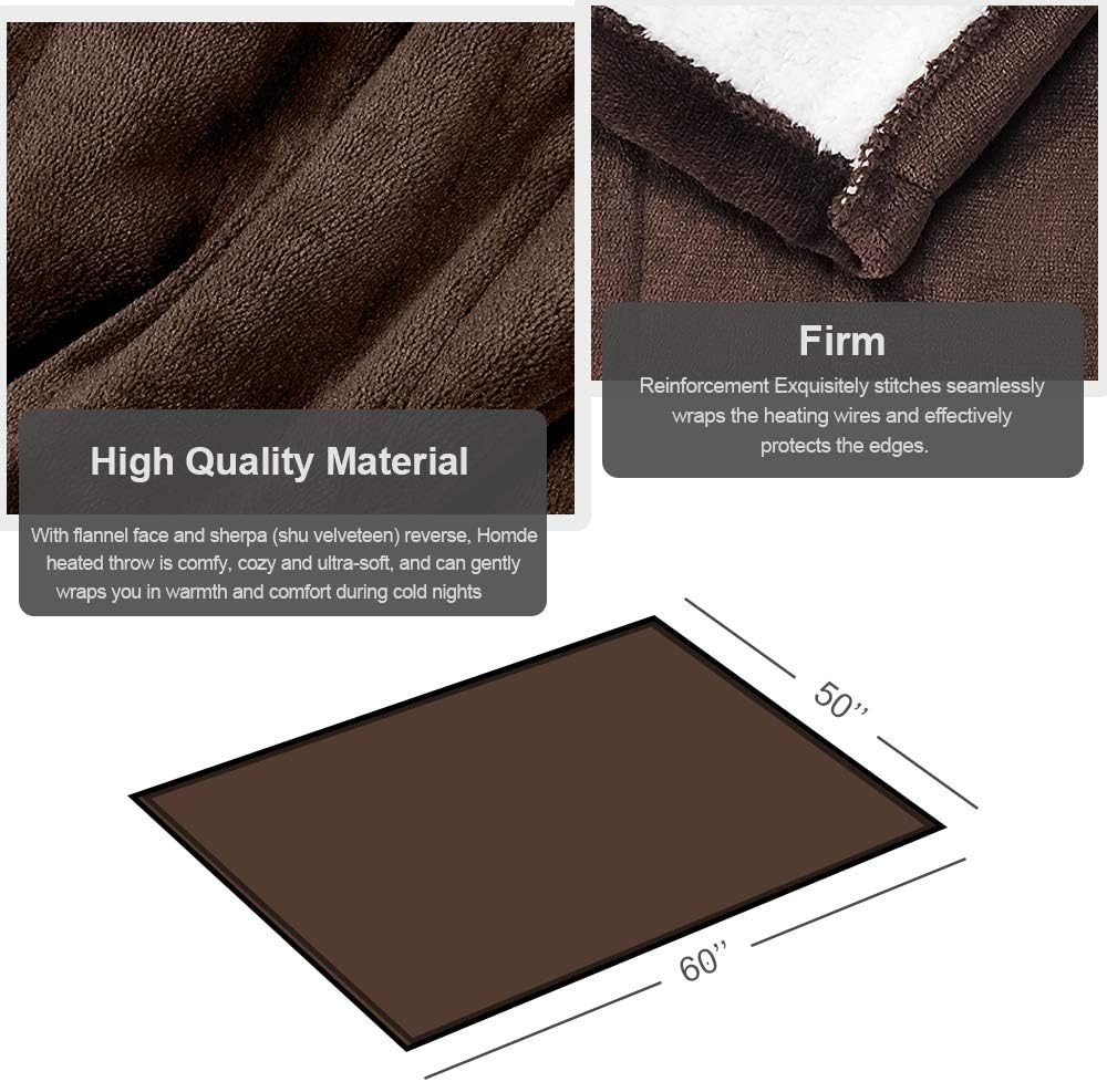 Homde Heated Electric Throw 50 Inch x 60 Inch Reversible Flannel/Sherpa Washable Blanket with 3-Heat Setting Auto-Off Controller for Bed or Couch (Brown): Home & Kitchen
