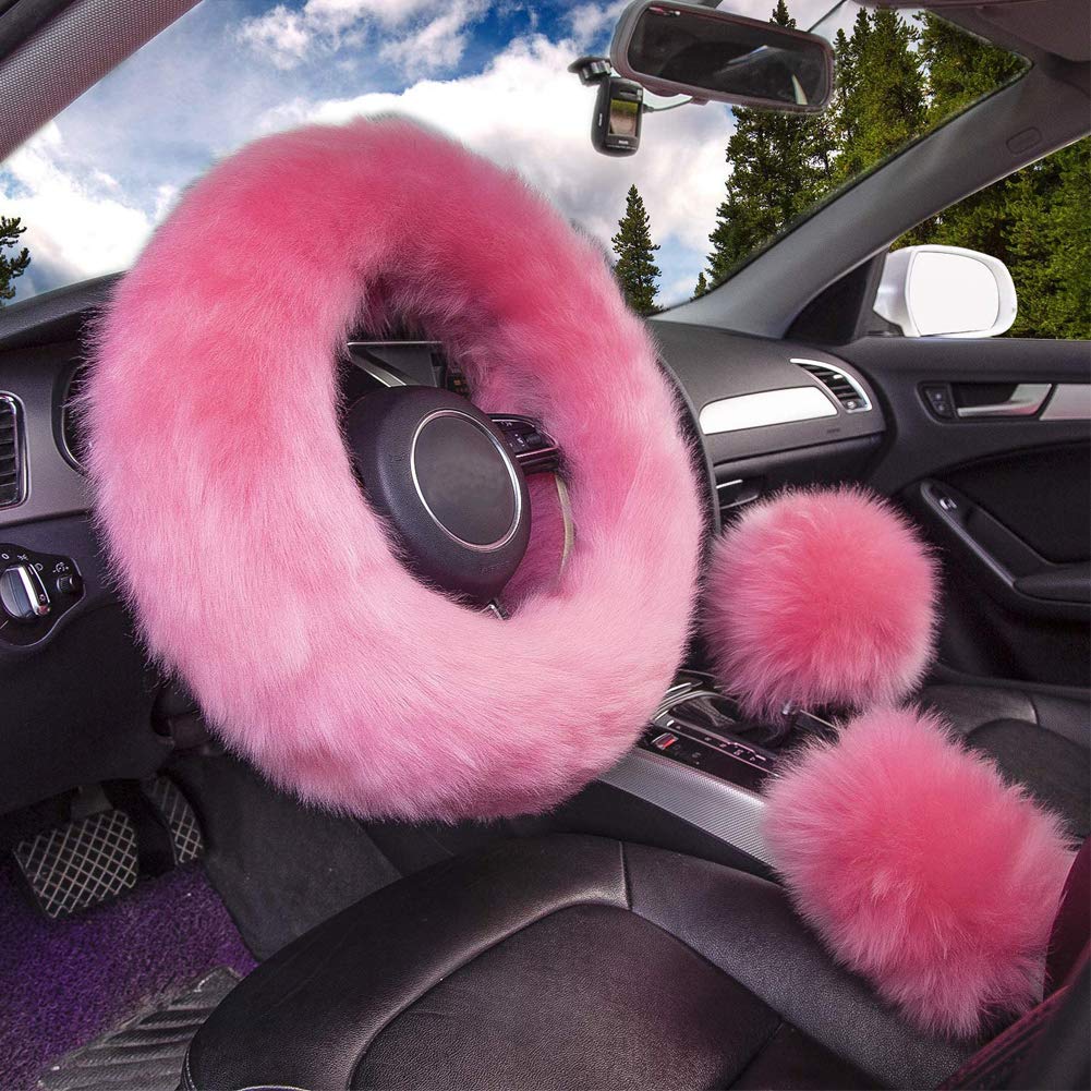 ZYCC 3Pcs Fuzzy Steering Wheel Cover,100% Australia Wool Winter Warm Fluffy Wheel Cover,Universal Thickening Warm Non-slip Auto Interior Accessories 38cm(Pink)