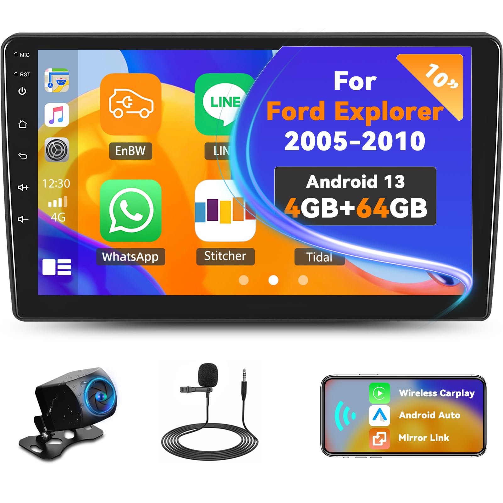 Photo 1 of [4G+64G] Android 13 Car Stereo for Ford Explorer 2005-2010 with Wireless CarPlay Android Auto,10.1" Touchscreen Car Radio with Mirror Link Voice Control WiFi/GPS,Bluetooth,FM/RDS,SWC+Backup Camera