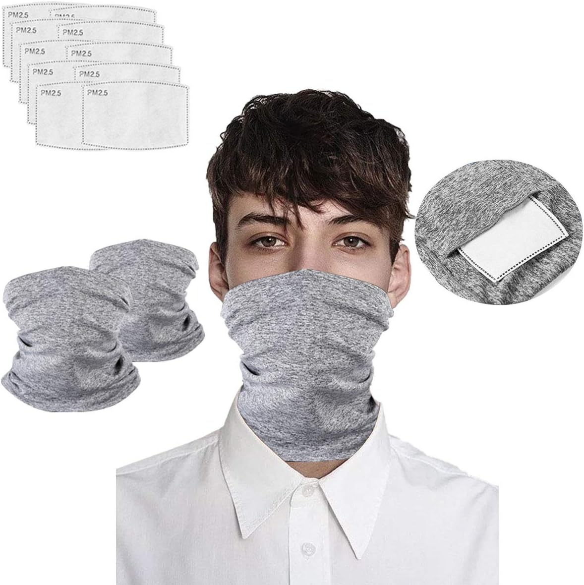 Infinity Scarf Balaclava Neck Gaiter Face Safety Mask Carbon Filters Bandanas, Men Women Headwear Outdoors Sports Motorcycling, Running, Unisex Anti-Dust Sun UV Protection Grey