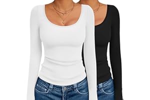 Ekouaer 2 Pack Women's Scoop Neck Long Sleeve Shirts Slim Fit Tops Thermal Shirts Basic Tight Undershirts XS-XXL