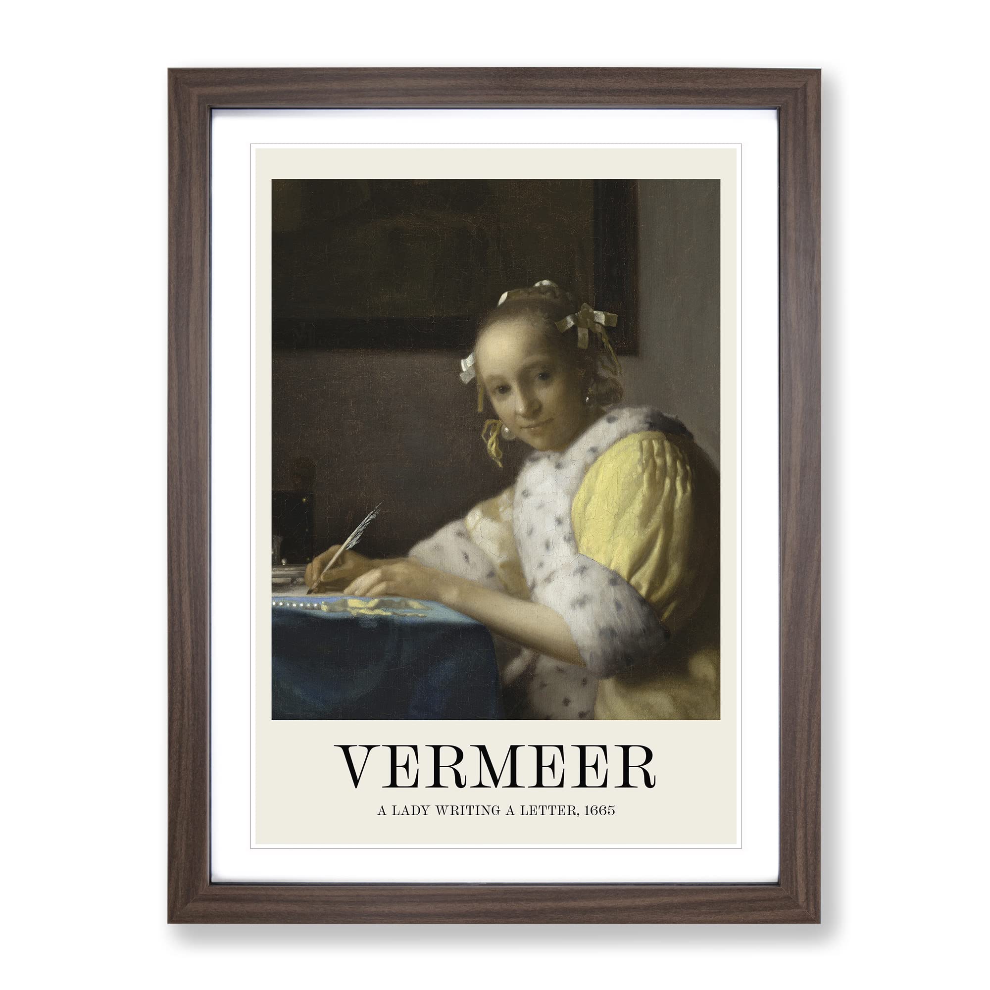 A Lady Writing A Letter By Johannes Vermeer Exhibition Museum Painting Framed Wall Art Print, Ready to Hang Picture for Living Room Bedroom Home Office Décor, Walnut A4 (34 x 25 cm)