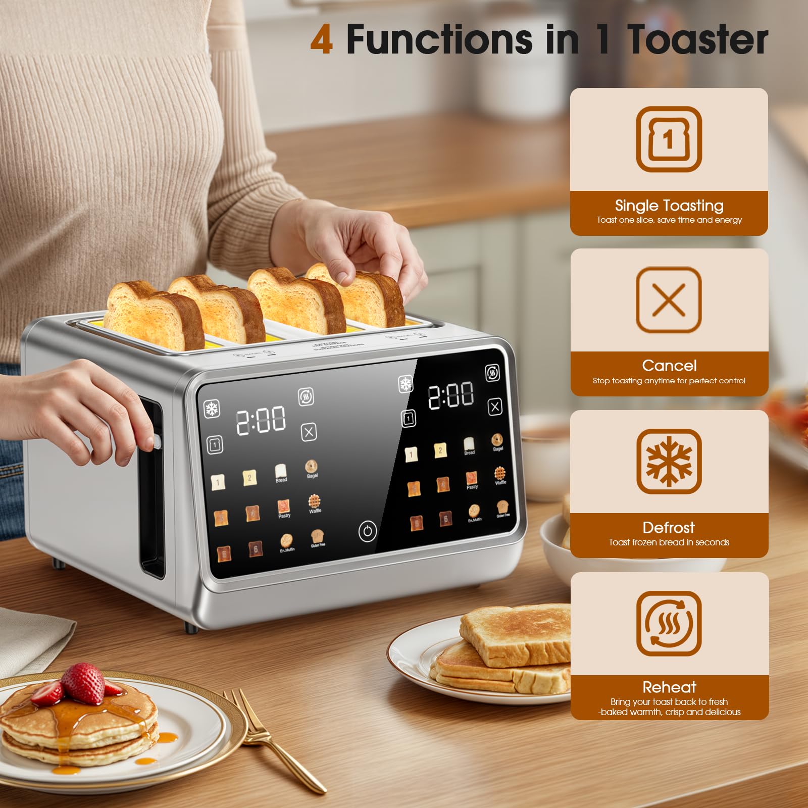 Tostadora con pantalla táctil de 4 rebanadas, pantalla táctil digital inteligente de doble control, acero inoxidable, 6 tipos y niveles de tostadas que incluyen pan, bagel, con función de descongelar/recalentar/tostar con una sola ranura