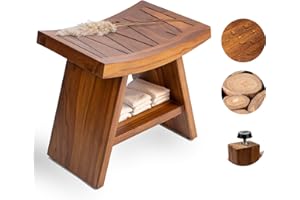 THE TEAKY HUT Teak Shower Bench - Fully Assembled 18 Inch Shower Stool with Shelf | Water Resistant Shower Benches for Inside Shower to Sit On | Shower Chair for Bathroom, Spa, Garden | Adjustable Non-Slip Feet