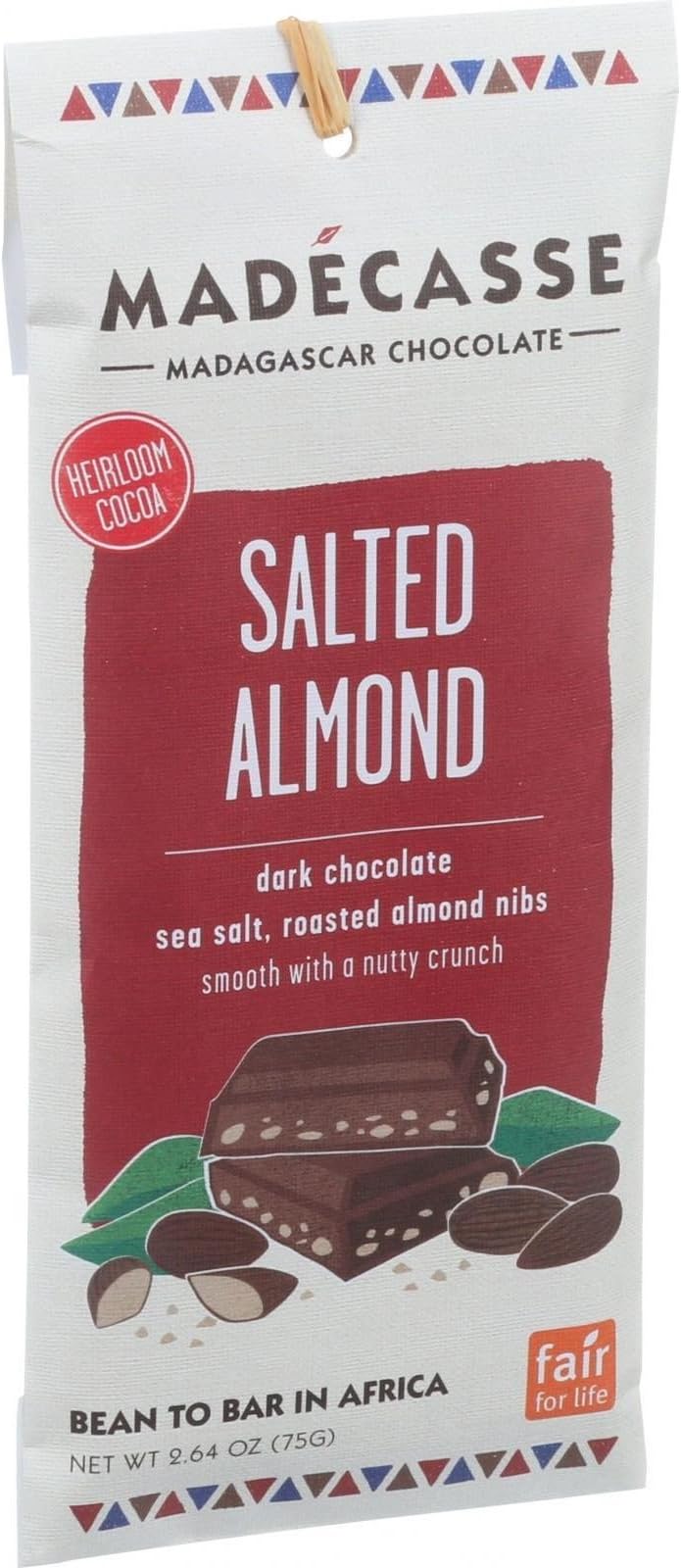 Madecasse Chocolate Bars - 70 Percent Dark Chocolate - Salted Almond - 2.64 oz Bars - Case of 10