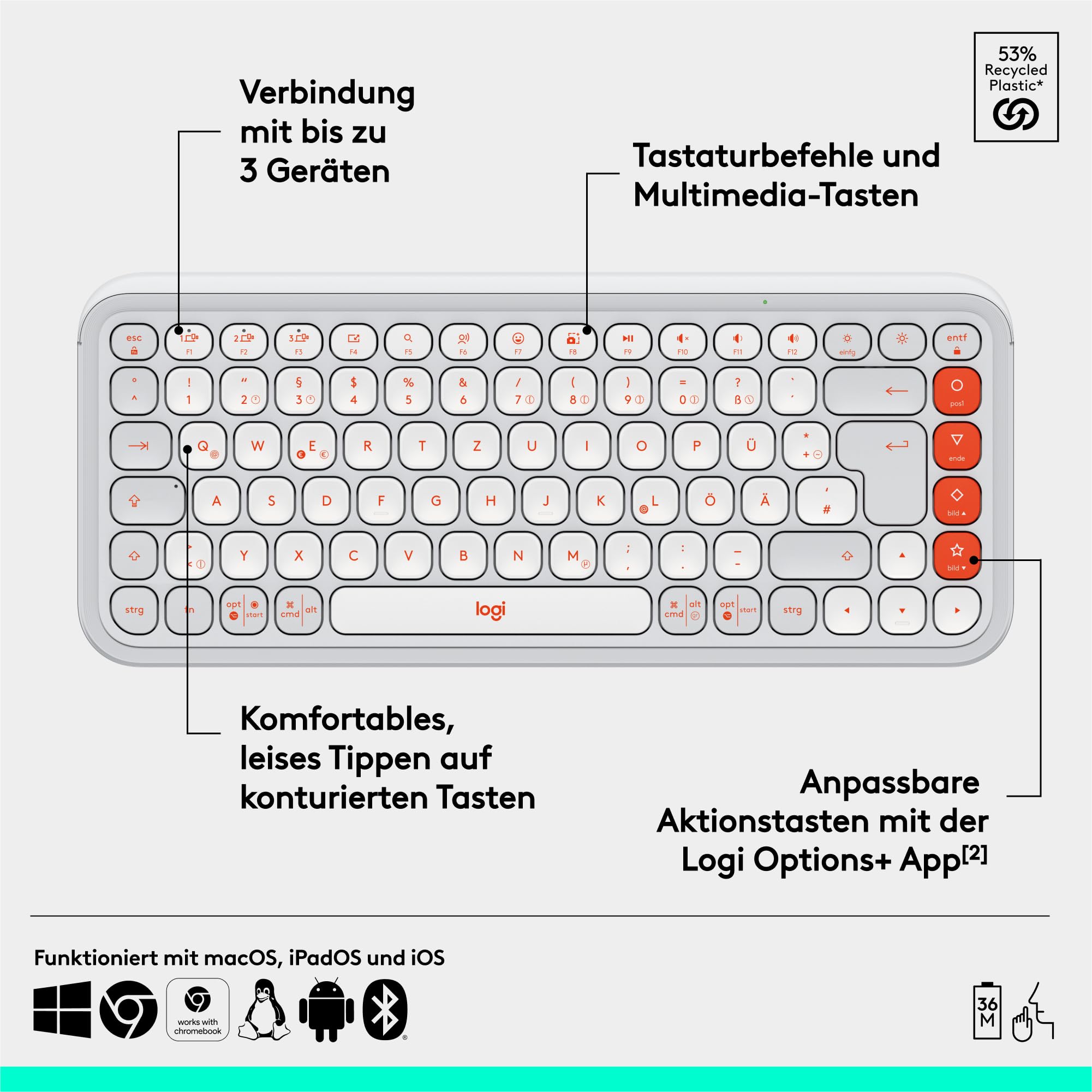 Logitech POP ICON Keys kabellose Bluetooth-Tastatur, Komfortables Tippen, programmierbare Tasten, Easy-Switch zwischen bis zu 3 Geräten, für Notebook, Tablet, PC, Deutsches QWERTZ-Layout – Weiß 6