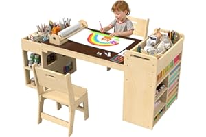 RUPOLX 50″Lx22″W Kids Art&Craft Table and 2 Chairs Set, Portable Organizer and Paper Roll Dispenser, Art Desk and Craft Table for Kids, Toddler Activity and Coloring Tables with Storage(Espresso)