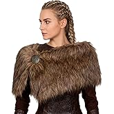 L'VOW Women Viking Faux Fur Shawl and Wrap Fur Stole with Medieval Brooch Fur Collar for LARP GoT Warrior Costume Accessories