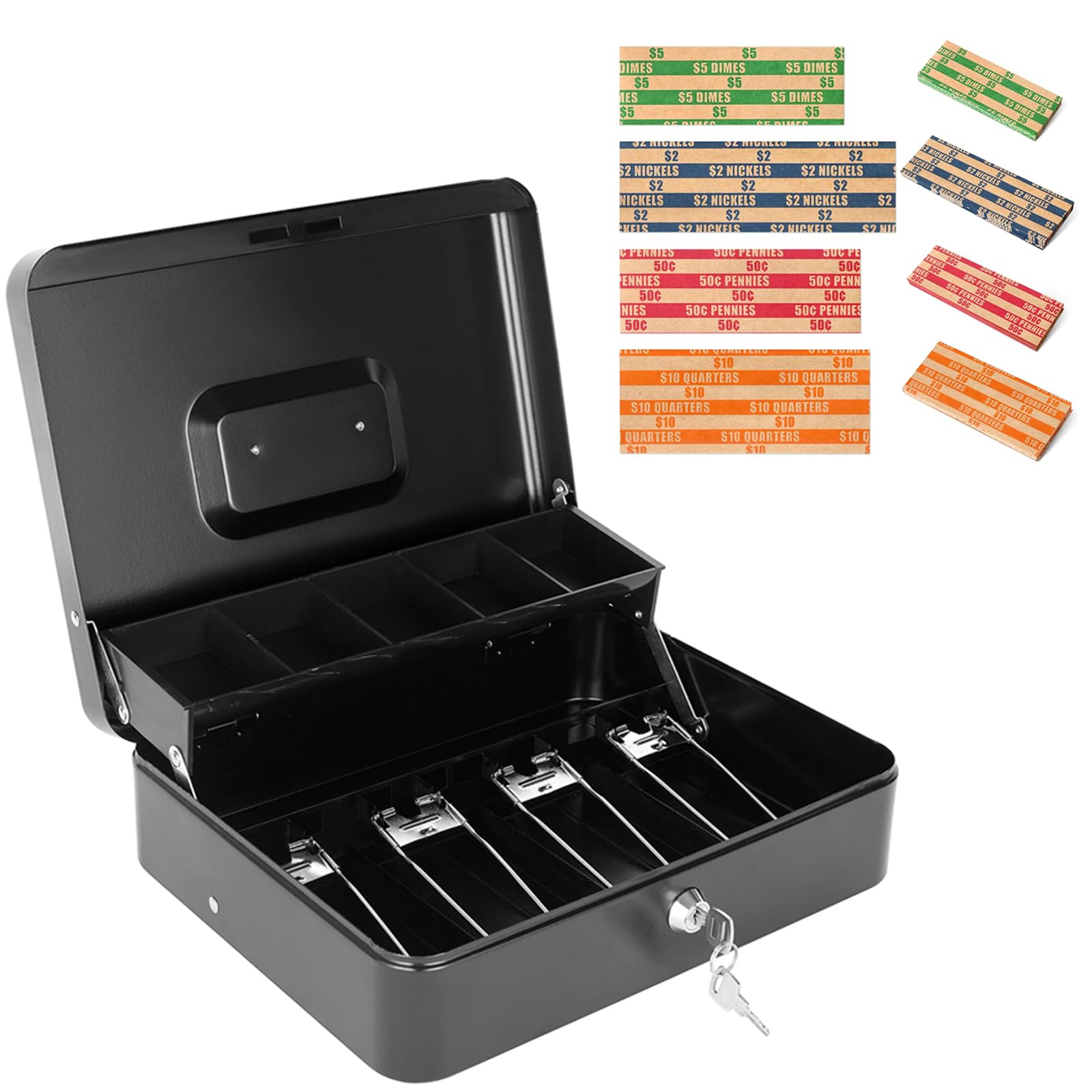Photo 1 of Cash Box with Key Lock and Money Tray - Metal Money Box for Cash Register, Large Cash Lock Box for Money Safe with 100PCS Coin Wrappers Assorted