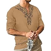 JoZorro Mens Polyester Linen V Neck Henley Shirt Long Sleeve Caftan Handmade Tunic Embroidered Casual Beach T Shirts